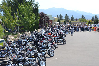 Two long rows of parked motorcycles in the parking lot.